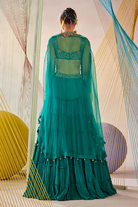 Shop Anu Pellakuru Blue Silk, Chiffon Embroidery Round Neck Hand Cape Lehenga Set at Aza Fashions Shop_Anu Pellakuru_Blue Silk, Chiffon Embroidery Round Neck Hand Cape Lehenga Set _at_Aza_Fashions