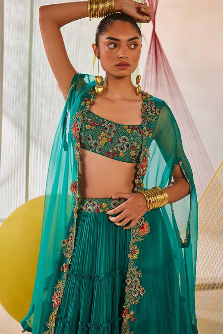 Buy Anu Pellakuru Blue Silk, Chiffon Embroidery Round Neck Hand Cape Lehenga Set Buy_Anu Pellakuru_Blue Silk, Chiffon Embroidery Round Neck Hand Cape Lehenga Set