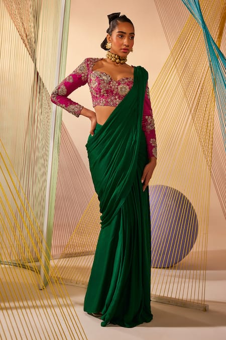 Buy Anu Pellakuru Green Silk, Chiffon Pearls, Zari Pre-draped Saree With Embroidered Blouse Online at Aza Fashions Buy_Anu Pellakuru_Green Silk, Chiffon Pearls, Zari Pre-draped Saree With Embroidered Blouse _Online_at_Aza_Fashions