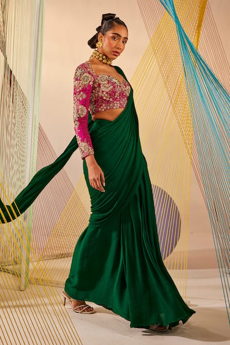 Shop Anu Pellakuru Green Silk, Chiffon Pearls, Zari Pre-draped Saree With Embroidered Blouse Online at Aza Fashions Shop_Anu Pellakuru_Green Silk, Chiffon Pearls, Zari Pre-draped Saree With Embroidered Blouse _Online_at_Aza_Fashions