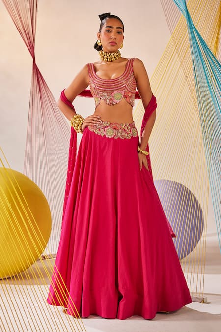 Anu Pellakuru Pink Lehenga And Blouse Raw Silk Hand Embroidered Resham Round Set 