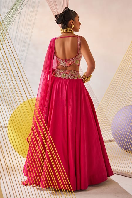 Anu Pellakuru_Pink Silk, Net Embroidery, Zari Round Neck Hand Blouse Lehenga Set _Online_at_Aza_Fashions