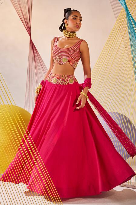 Buy_Anu Pellakuru_Pink Silk, Net Embroidery, Zari Round Neck Hand Blouse Lehenga Set _Online_at_Aza_Fashions