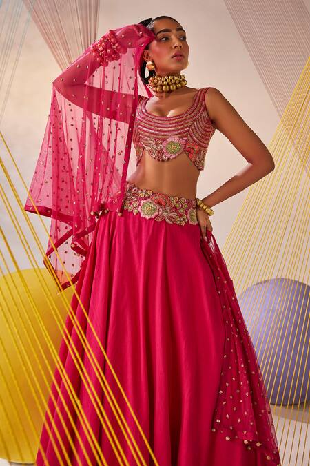 Shop_Anu Pellakuru_Pink Silk, Net Embroidery, Zari Round Neck Hand Blouse Lehenga Set _Online_at_Aza_Fashions