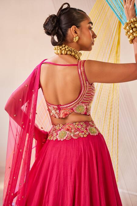 Anu Pellakuru_Pink Silk, Net Embroidery, Zari Round Neck Hand Blouse Lehenga Set _at_Aza_Fashions
