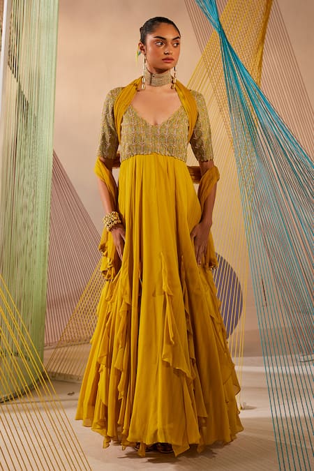 Anu Pellakuru Yellow Anarkali Raw Silk Hand Embroidered Badla V Neck With Dupatta 