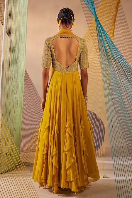 Shop Anu Pellakuru Yellow Georgette, Silk, Net Embroidery V-neck Badla Anarkali With Dupatta at Aza Fashions Shop_Anu Pellakuru_Yellow Georgette, Silk, Net Embroidery V-neck Badla Anarkali With Dupatta _at_Aza_Fashions