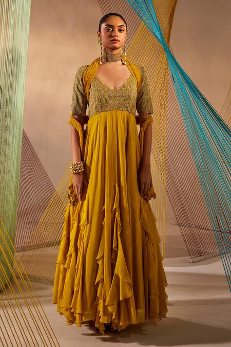 Anu Pellakuru Yellow Georgette, Silk, Net Embroidery V-neck Badla Anarkali With Dupatta Online at Aza Fashions Anu Pellakuru_Yellow Georgette, Silk, Net Embroidery V-neck Badla Anarkali With Dupatta _Online_at_Aza_Fashions