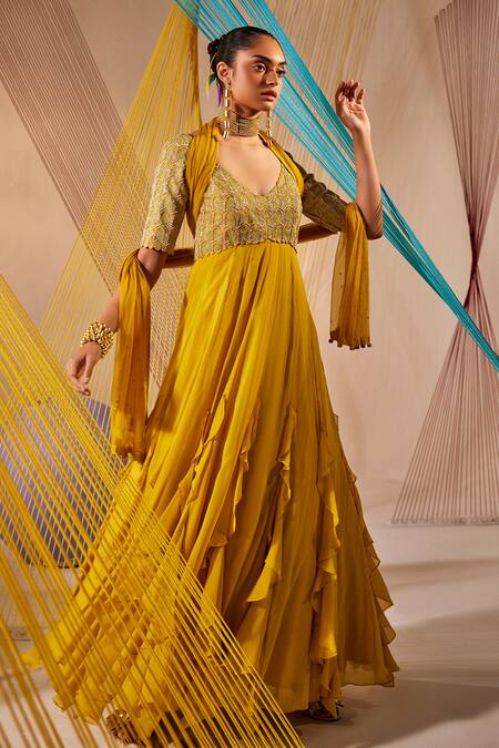 Buy Anu Pellakuru Yellow Georgette, Silk, Net Embroidery V-neck Badla Anarkali With Dupatta Online at Aza Fashions Buy_Anu Pellakuru_Yellow Georgette, Silk, Net Embroidery V-neck Badla Anarkali With Dupatta _Online_at_Aza_Fashions