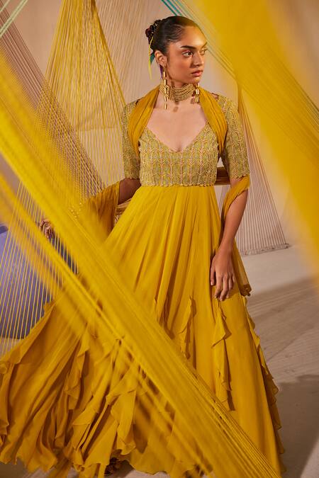 Shop Anu Pellakuru Yellow Georgette, Silk, Net Embroidery V-neck Badla Anarkali With Dupatta Online at Aza Fashions Shop_Anu Pellakuru_Yellow Georgette, Silk, Net Embroidery V-neck Badla Anarkali With Dupatta _Online_at_Aza_Fashions