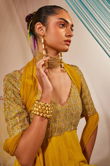 Anu Pellakuru Yellow Georgette, Silk, Net Embroidery V-neck Badla Anarkali With Dupatta at Aza Fashions Anu Pellakuru_Yellow Georgette, Silk, Net Embroidery V-neck Badla Anarkali With Dupatta _at_Aza_Fashions