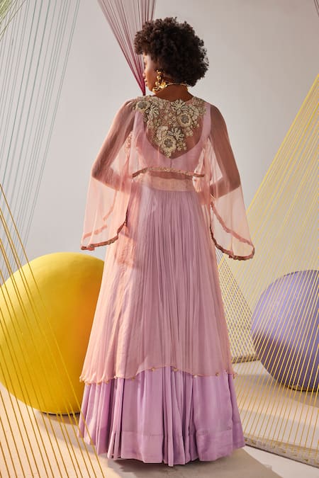 Anu Pellakuru Purple Silk, Chiffon Zari, Embroidery Zardosi Cape Lehenga Set Online at Aza Fashions Anu Pellakuru_Purple Silk, Chiffon Zari, Embroidery Zardosi Cape Lehenga Set _Online_at_Aza_Fashions