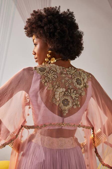 Anu Pellakuru Purple Silk, Chiffon Zari, Embroidery Zardosi Cape Lehenga Set at Aza Fashions Anu Pellakuru_Purple Silk, Chiffon Zari, Embroidery Zardosi Cape Lehenga Set _at_Aza_Fashions