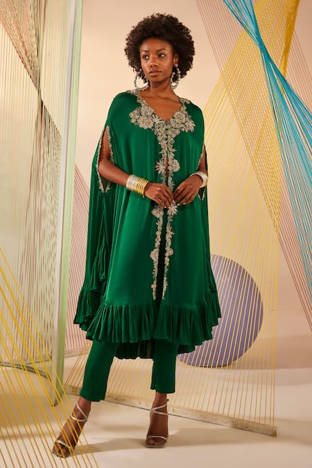 Anu Pellakuru Green Modal Silk Hand Embroidered Zardosi V Neck Tunic Pant Set 