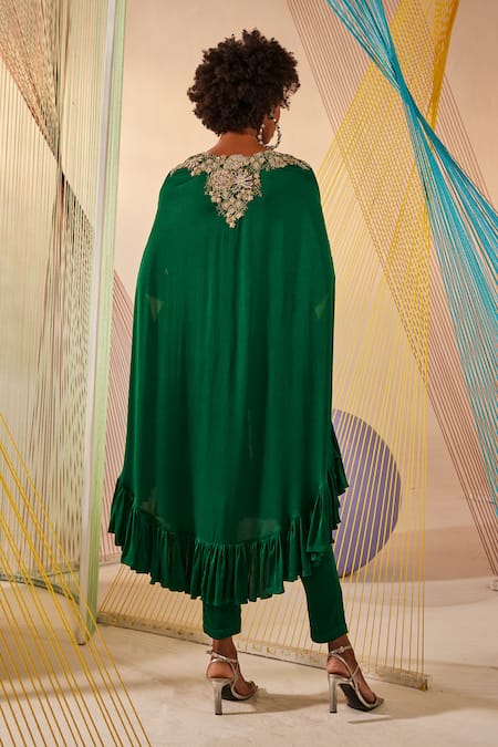 Anu Pellakuru_Green Modal, Silk Embroidery V-neck Emerald Hand Tunic Set _Online_at_Aza_Fashions