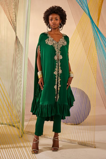 Buy_Anu Pellakuru_Green Modal, Silk Embroidery V-neck Emerald Hand Tunic Set _Online_at_Aza_Fashions