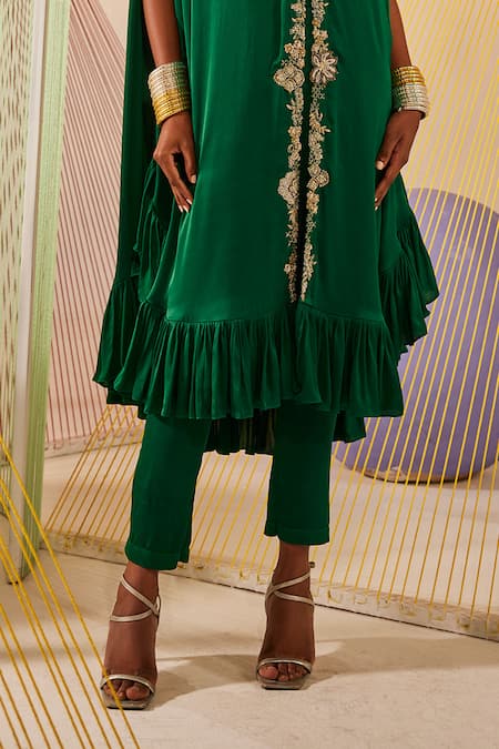 Shop_Anu Pellakuru_Green Modal, Silk Embroidery V-neck Emerald Hand Tunic Set _Online_at_Aza_Fashions