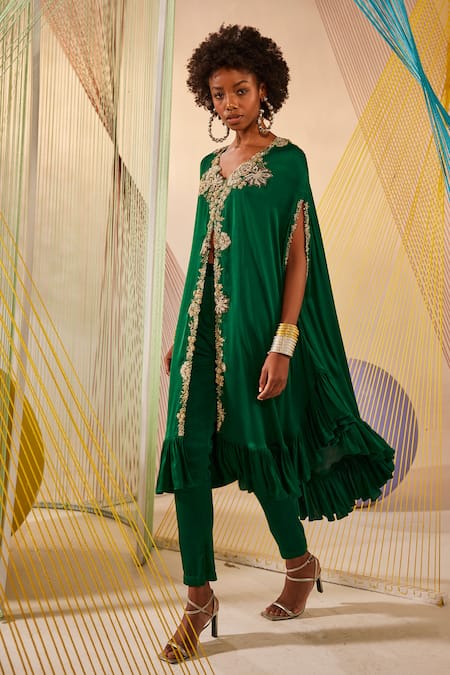 Anu Pellakuru_Green Modal, Silk Embroidery V-neck Emerald Hand Tunic Set _at_Aza_Fashions