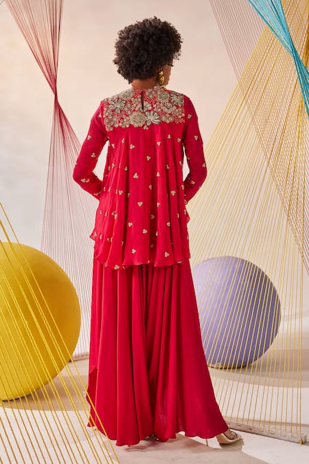 Anu Pellakuru Red Chiffon, Modal, Silk Pearls, Zari Round Hand Embroidered Tunic And Pant Set Online at Aza Fashions Anu Pellakuru_Red Chiffon, Modal, Silk Pearls, Zari Round Hand Embroidered Tunic And Pant Set _Online_at_Aza_Fashions
