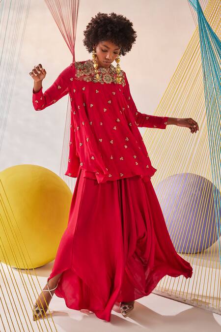 Buy Anu Pellakuru Red Chiffon, Modal, Silk Pearls, Zari Round Hand Embroidered Tunic And Pant Set Online at Aza Fashions Buy_Anu Pellakuru_Red Chiffon, Modal, Silk Pearls, Zari Round Hand Embroidered Tunic And Pant Set _Online_at_Aza_Fashions