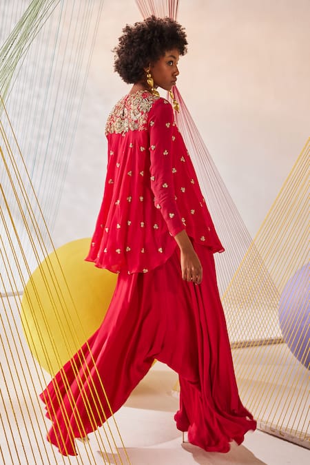 Shop Anu Pellakuru Red Chiffon, Modal, Silk Pearls, Zari Round Hand Embroidered Tunic And Pant Set Online at Aza Fashions Shop_Anu Pellakuru_Red Chiffon, Modal, Silk Pearls, Zari Round Hand Embroidered Tunic And Pant Set _Online_at_Aza_Fashions