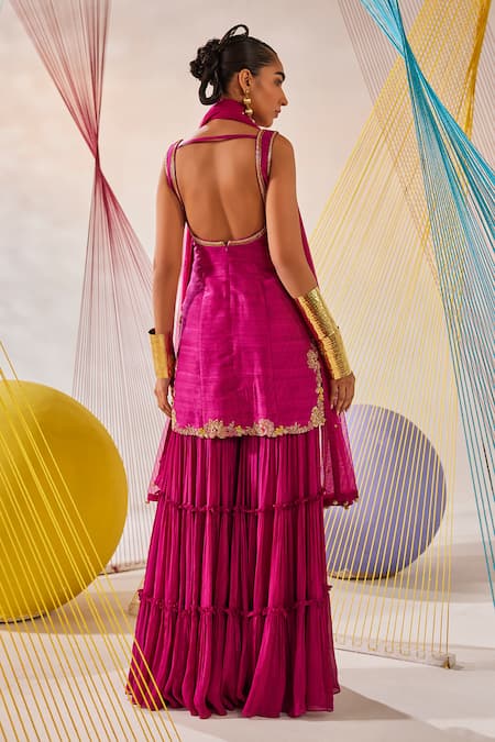 Anu Pellakuru Magenta Silk, Chiffon, Net Embroidery Round Neck Hand Kurta Sharara Set Online at Aza Fashions Anu Pellakuru_Magenta Silk, Chiffon, Net Embroidery Round Neck Hand Kurta Sharara Set _Online_at_Aza_Fashions