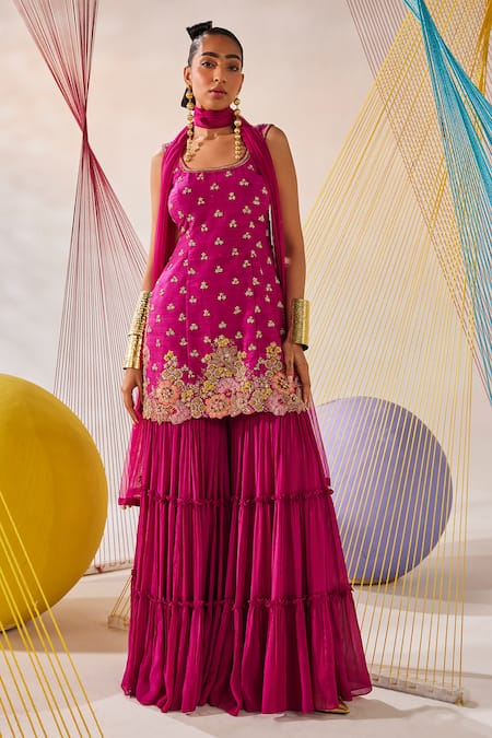 Buy Anu Pellakuru Magenta Silk, Chiffon, Net Embroidery Round Neck Hand Kurta Sharara Set Online at Aza Fashions Buy_Anu Pellakuru_Magenta Silk, Chiffon, Net Embroidery Round Neck Hand Kurta Sharara Set _Online_at_Aza_Fashions