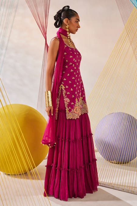 Shop Anu Pellakuru Magenta Silk, Chiffon, Net Embroidery Round Neck Hand Kurta Sharara Set Online at Aza Fashions Shop_Anu Pellakuru_Magenta Silk, Chiffon, Net Embroidery Round Neck Hand Kurta Sharara Set _Online_at_Aza_Fashions