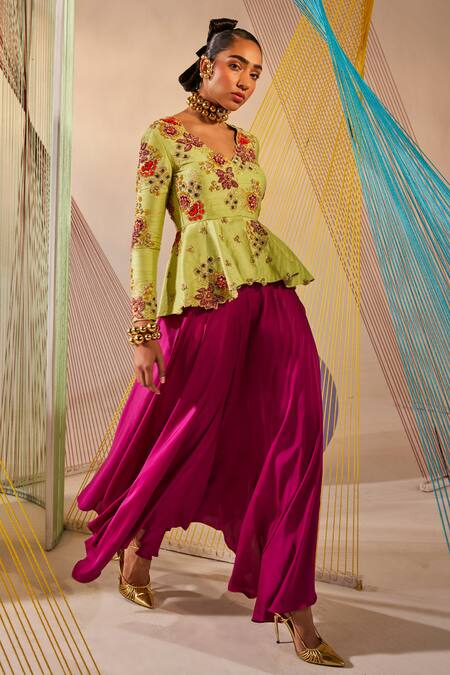 Buy_Anu Pellakuru_Green Silk, Modal Embroidery V-neck Hand Jacket And Pant Set _Online_at_Aza_Fashions