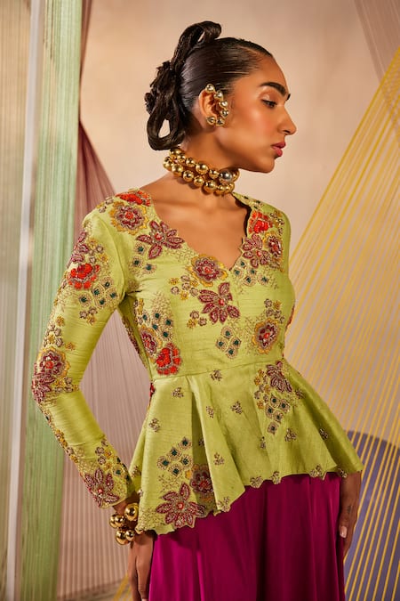 Shop_Anu Pellakuru_Green Silk, Modal Embroidery V-neck Hand Jacket And Pant Set _Online_at_Aza_Fashions