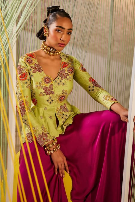 Anu Pellakuru_Green Silk, Modal Embroidery V-neck Hand Jacket And Pant Set _at_Aza_Fashions