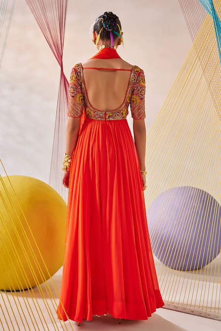 Shop Anu Pellakuru Orange Georgette, Net, Silk Embroidery Bandeau Yoke Hand Anarkali With Dupatta at Aza Fashions Shop_Anu Pellakuru_Orange Georgette, Net, Silk Embroidery Bandeau Yoke Hand Anarkali With Dupatta _at_Aza_Fashions