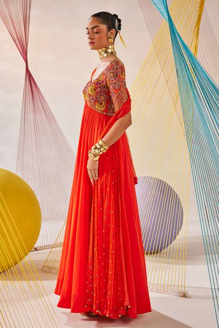 Anu Pellakuru Orange Georgette, Net, Silk Embroidery Bandeau Yoke Hand Anarkali With Dupatta Online at Aza Fashions Anu Pellakuru_Orange Georgette, Net, Silk Embroidery Bandeau Yoke Hand Anarkali With Dupatta _Online_at_Aza_Fashions