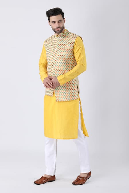 Manish Nagdeo Multi Color Cotton, Silk Swerve Print Asymmetric Bundi Kurta Set Online at Aza Fashions Manish Nagdeo_Multi Color Cotton, Silk Swerve Print Asymmetric Bundi Kurta Set _Online_at_Aza_Fashions