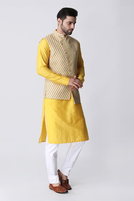 Buy Manish Nagdeo Multi Color Cotton, Silk Swerve Print Asymmetric Bundi Kurta Set Online at Aza Fashions Buy_Manish Nagdeo_Multi Color Cotton, Silk Swerve Print Asymmetric Bundi Kurta Set _Online_at_Aza_Fashions
