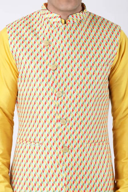 Shop_Manish Nagdeo_Multi Color Cotton, Silk Swerve Print Asymmetric Bundi Kurta Set _Online_at_Aza_Fashions