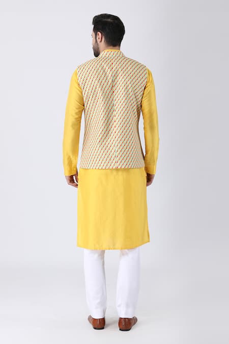 Shop_Manish Nagdeo_Multi Color Cotton, Silk Swerve Print Asymmetric Bundi Kurta Set _at_Aza_Fashions