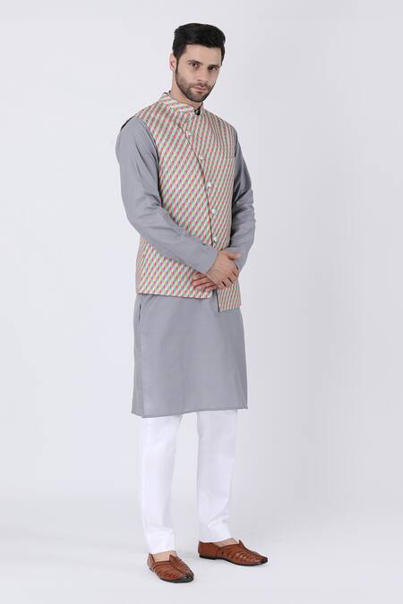 Manish Nagdeo_Gray Cotton, Silk Petal Swirl Print Bundi Kurta Set _Online_at_Aza_Fashions