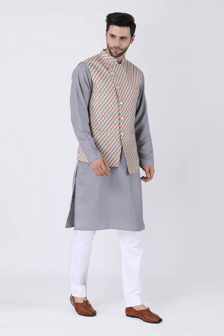 Buy_Manish Nagdeo_Gray Cotton, Silk Petal Swirl Print Bundi Kurta Set _Online_at_Aza_Fashions