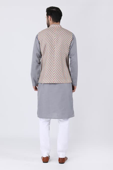 Shop_Manish Nagdeo_Gray Cotton, Silk Petal Swirl Print Bundi Kurta Set _at_Aza_Fashions
