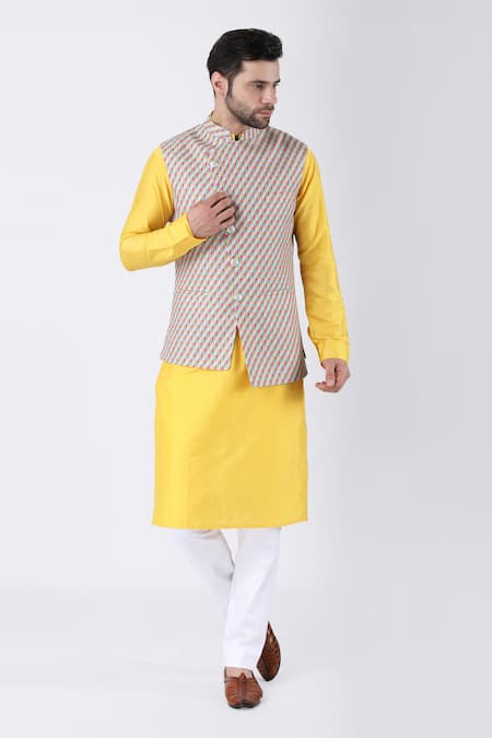 Manish Nagdeo Yellow Ruby Cotton Silk Print Swirl Jaal Asymmetric Bundi Kurta Set 