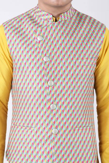 Shop_Manish Nagdeo_Multi Color Cotton, Silk Swirl Print Bundi Kurta Set _Online_at_Aza_Fashions