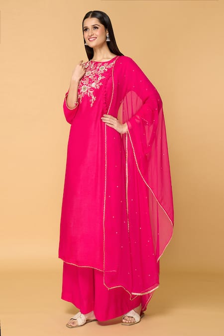 Adara Khan Pink Dola Silk Embellished Floral Round Straight Kurta Set