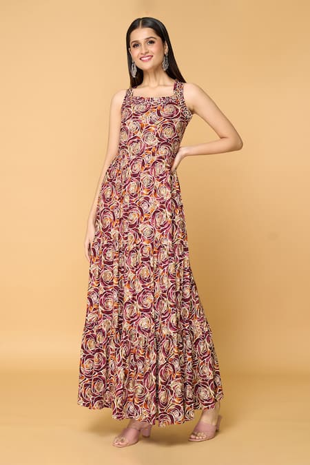 Samyukta Singhania Brown Muslin Embellished Mirror Work Geometric Rose Print Tiered Maxi Dress 