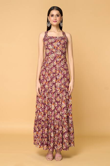 Samyukta Singhania_Brown Muslin Mirrors Square Neck Geometric Rose Print Tiered Maxi Dress_Online_at_Aza_Fashions