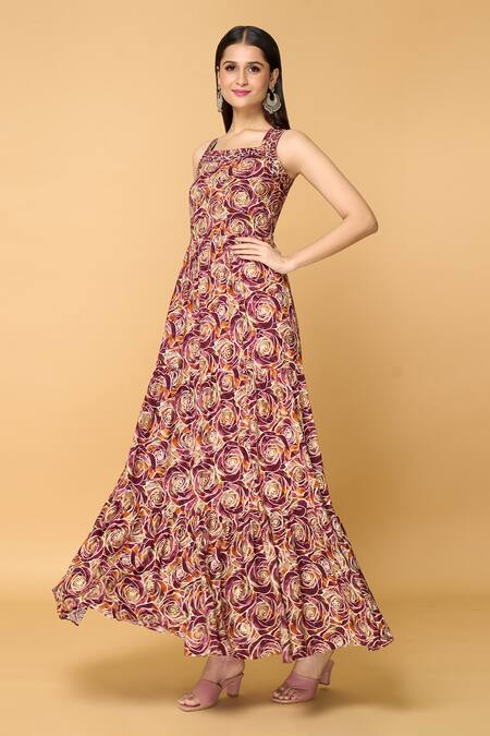 Buy_Samyukta Singhania_Brown Muslin Mirrors Square Neck Geometric Rose Print Tiered Maxi Dress_Online_at_Aza_Fashions