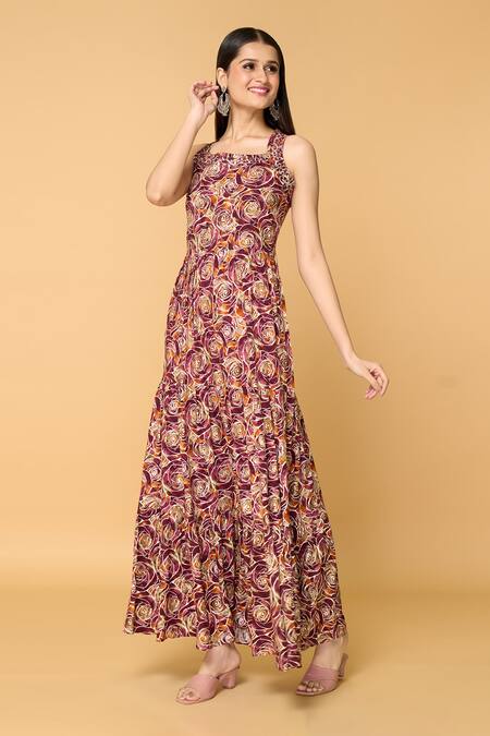 Shop_Samyukta Singhania_Brown Muslin Mirrors Square Neck Geometric Rose Print Tiered Maxi Dress_Online_at_Aza_Fashions
