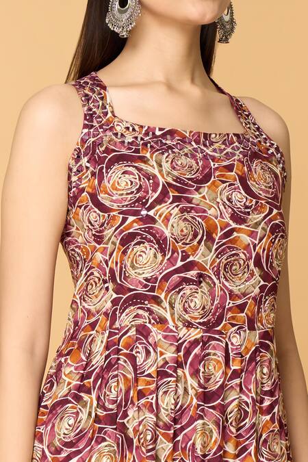 Samyukta Singhania_Brown Muslin Mirrors Square Neck Geometric Rose Print Tiered Maxi Dress_at_Aza_Fashions