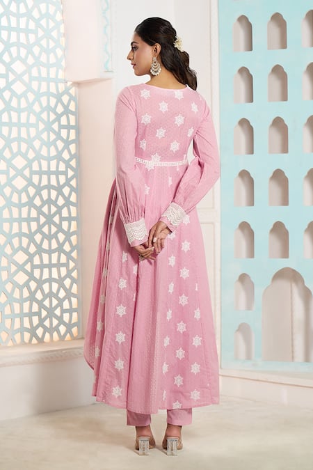 Shop_Naintara Bajaj_Pink Cotton Lace Snow Flake Pattern Asymmetric Anarkali With Pant _at_Aza_Fashions