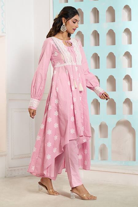 Naintara Bajaj_Pink Cotton Lace Snow Flake Pattern Asymmetric Anarkali With Pant _Online_at_Aza_Fashions